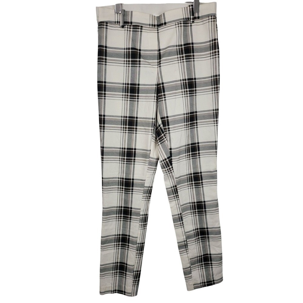 H&M Pull On Check Pants 6 Womens Black Brown White Mid Rise Elastic Waistband